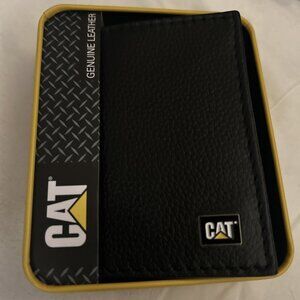 CAT caterpillar men’s black leather trifold wallet w/RFID protection shield Tin